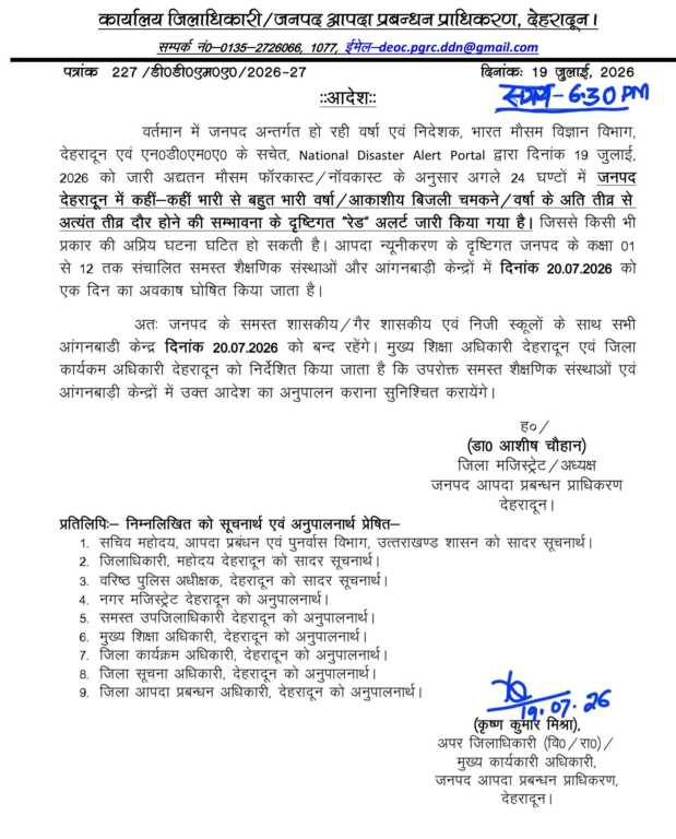 देहरादून में 20 जुलाई को स्कूलों और आंगनबाड़ी केंद्रों में अवकाश, रेड अलर्ट के चलते डीएम का आदेश-Newsnetra 3 Screenshot 20260719 185018 Drive
