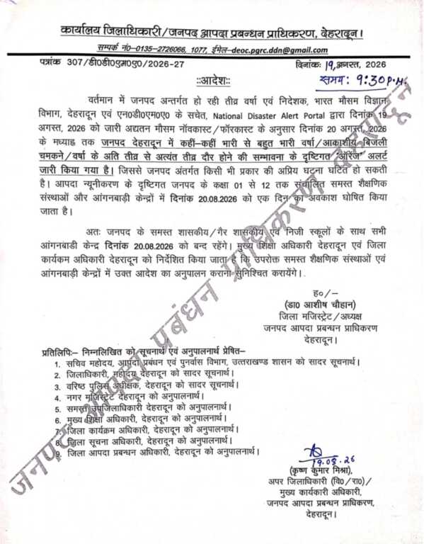 भारी से बहुत भारी बारिश के ऑरेंज अलर्ट के चलते बड़ा फैसला, देहरादून में 20 अगस्त को कक्षा 1 से 12 तक सभी स्कूल और आंगनबाड़ी केंद्र रहेंगे बंद-Newsnetra 3 Screenshot 20260819 213537 Samsung Notes
