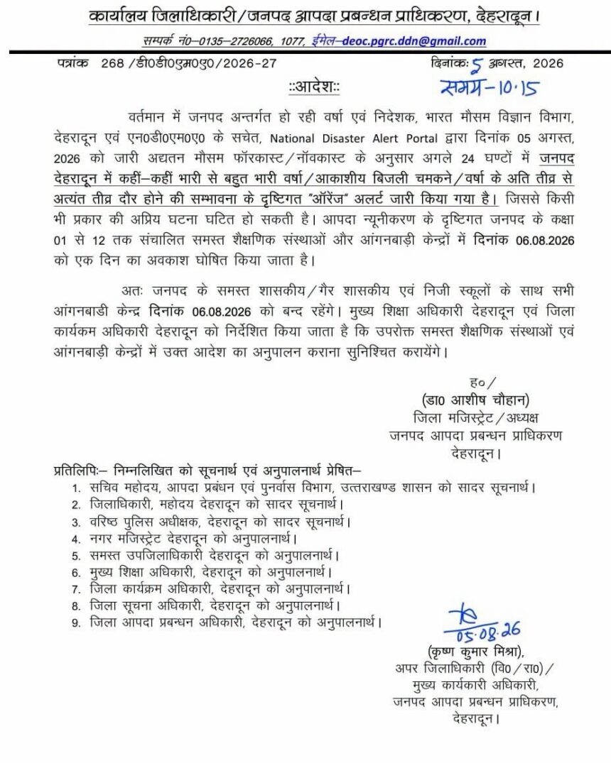 भारी बारिश के अलर्ट के चलते, देहरादून में 6 अगस्त को सभी स्कूल और आंगनबाड़ी केंद्र बंद-Newsnetra 3 img 8690